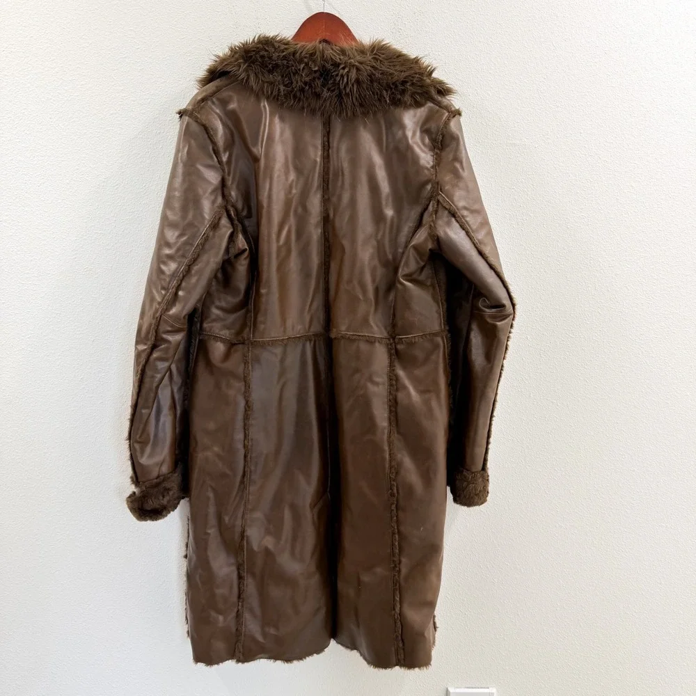 Vintage Y2K Penny Lane 70s Retro 100% Leather Faux Fur Kenneth Cole Brown Coat M - Picture 5 of 13